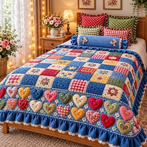 Könnte beinhalten: Eine handgefertigte Häkel-Tagesdecke mit einem bunten Patchwork aus blauen, roten, gelben und grünen Quadraten, verziert mit herzförmigen Motiven und einem blauen Rüschenrand. Ein passendes blaues, zylindrisches Nackenkissen liegt am Kopfende.