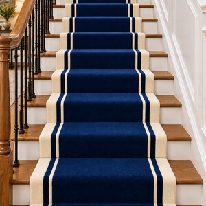 Traditional Navy Stair Runner Carpet, Cream Double-Stripe Border, Wall-to-Wall Staircase Decor, Custom Length