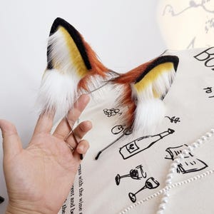 Fluffy Cat and Fox Ears Headband, Orange and White Kemonomimi, Posable Anime Cosplay Accessories