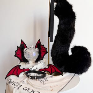 May include: A black faux fur tail, a headband with red and black bat wings, and a black collar with red bat wing accents and a pearl chain. The set features detailed stitching on the wings and a metal buckle on the collar for adjustable wear.