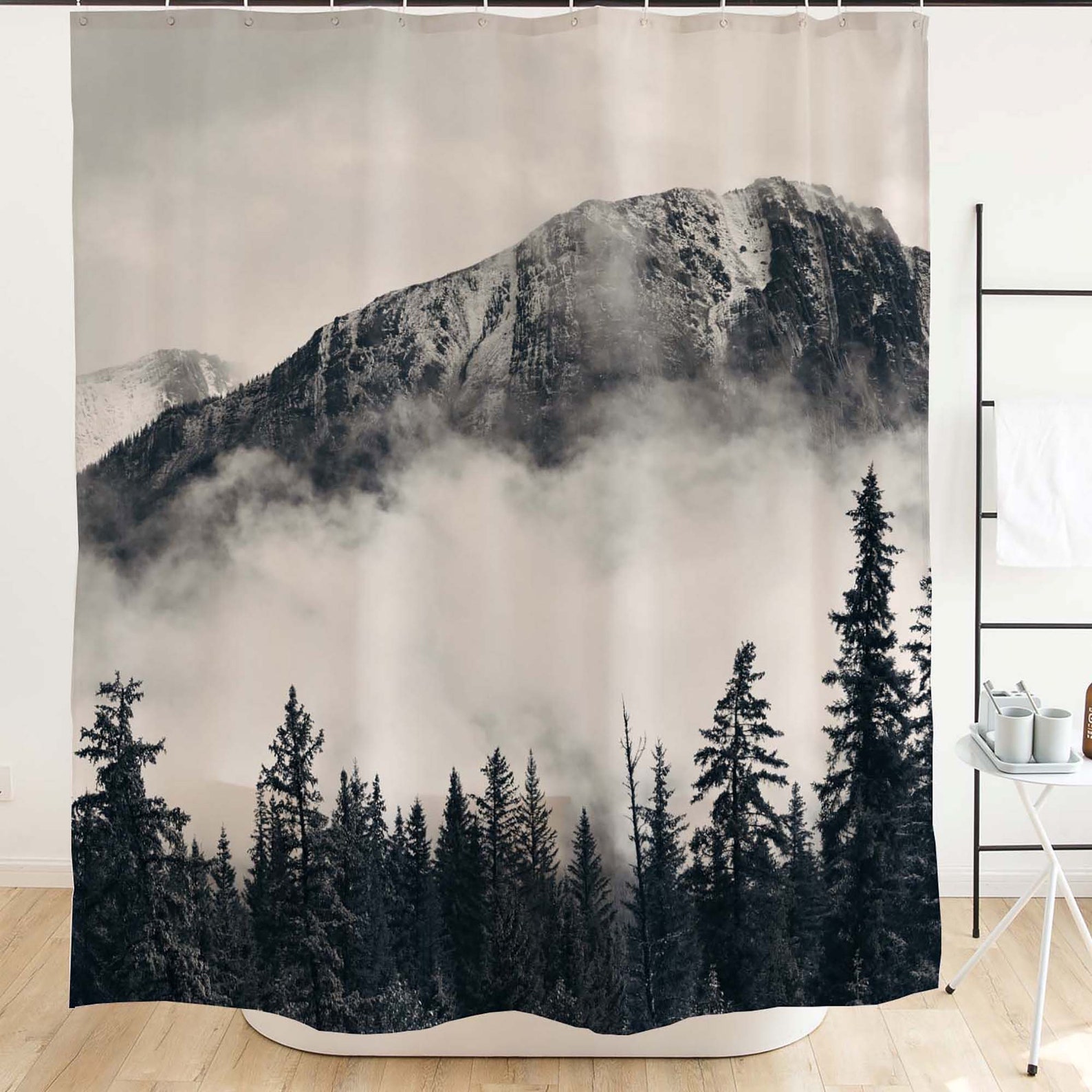 Ofat Home Green Foggy Forest Shower Curtain With Hooks Etsy