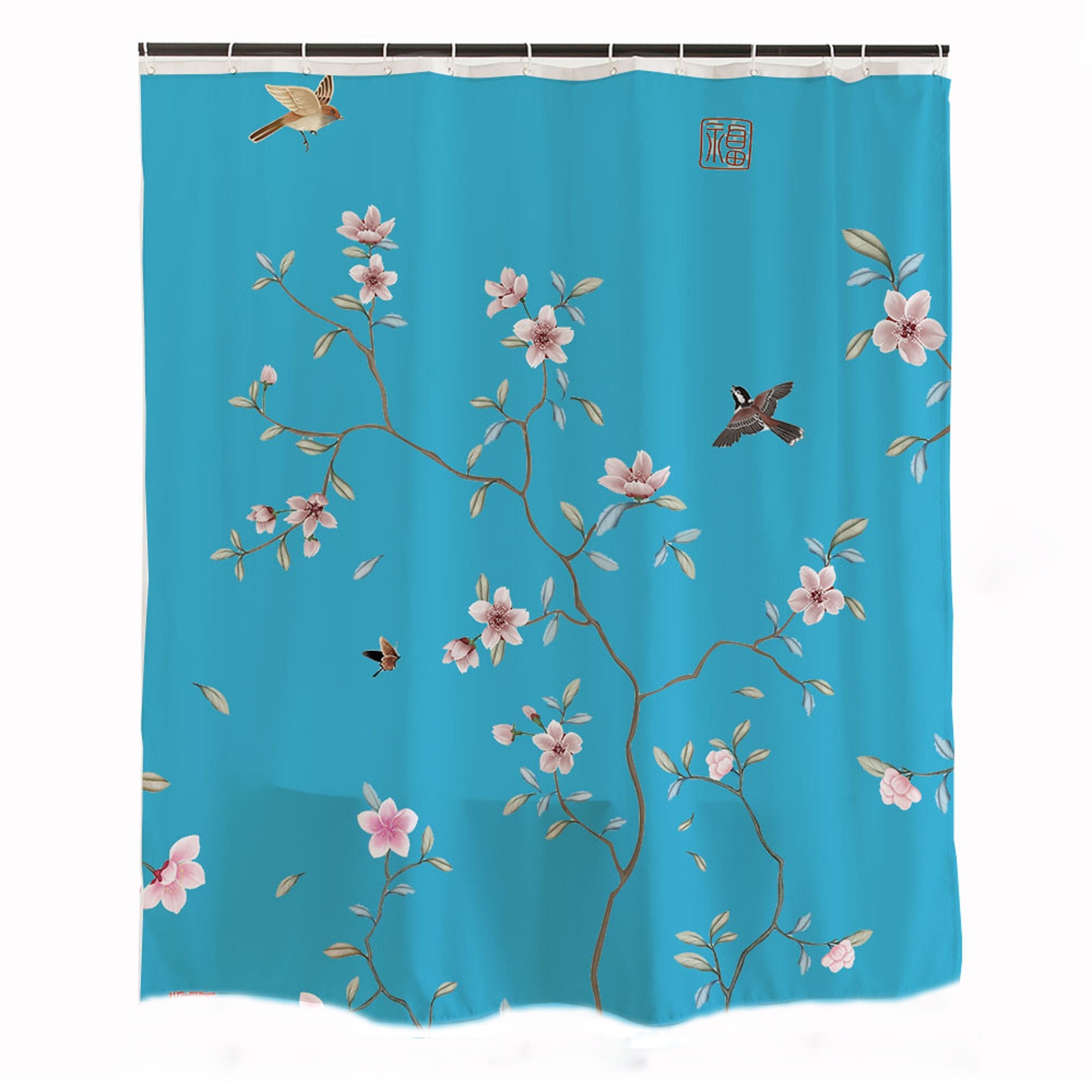 Chinese Bird Painting Shower Curtain, Extra Long Shower Curtain No Hooks Needed