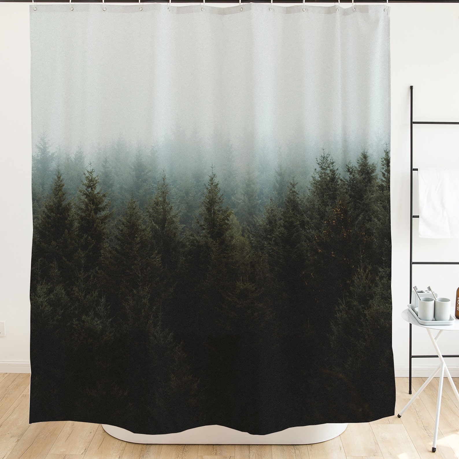 Ofat Home Green Foggy Forest Shower Curtain With Hooks - Etsy