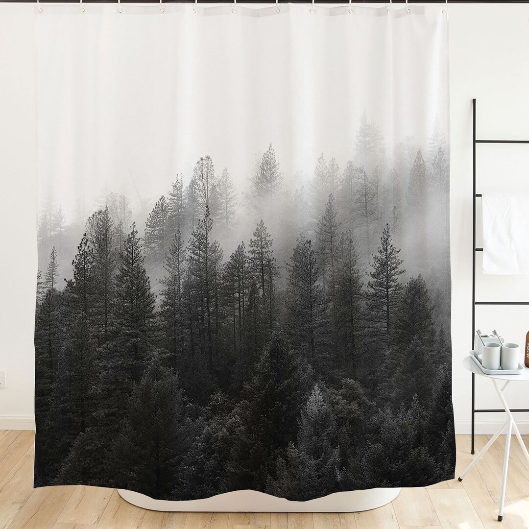 Ofat Home Green Foggy Forest Shower Curtain With Hooks Etsy