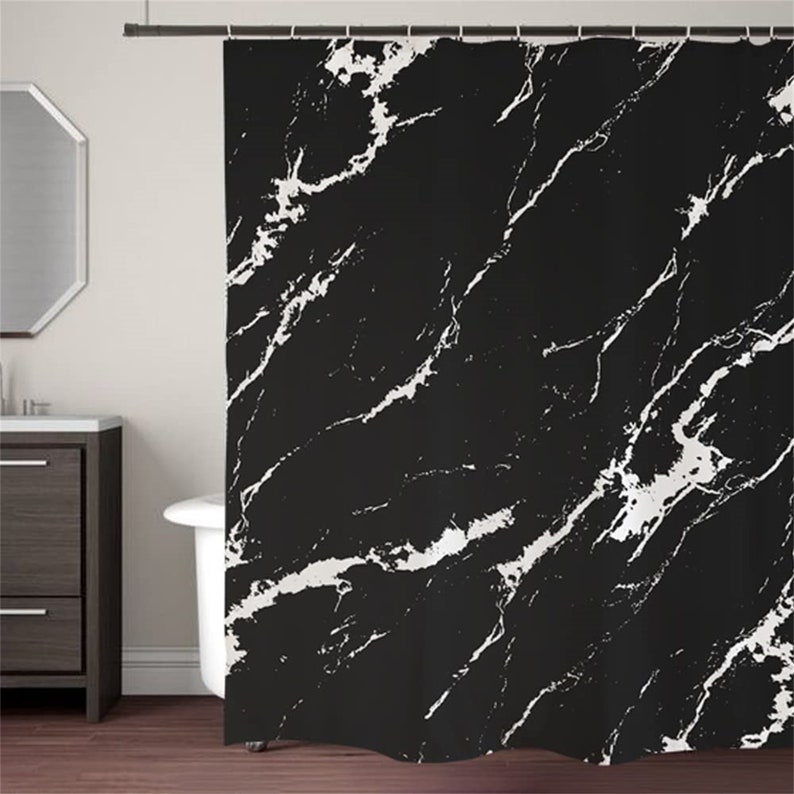 Ofat Home Black and White Marble Shower Curtain With Hooks Etsy