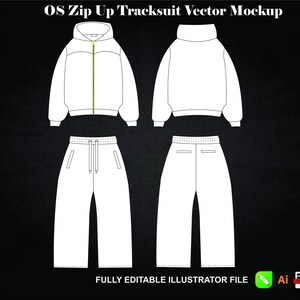Oversized Zip Up Tracksuit Vector Mockup  Streetwear Tech Pack Template (AI & PNG Files)