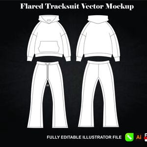 Flared Tracksuit Template, Streetwear Vector Mockup, Clothing Tech Pack