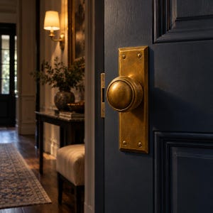 May include: A round, brushed brass door knob mounted on a rectangular backplate with four visible screws, attached to a dark navy blue paneled door. The hardware features a weathered, metallic finish with a smooth, spherical grip.