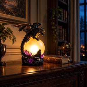May include: A black dragon figurine with red eyes perched atop a glowing, spherical lamp. The base features jagged, translucent purple crystal accents. The dragon has detailed scales and wings, and the lamp emits a warm, soft yellow light.