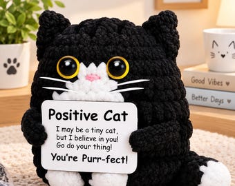 Halloween Black Cat Positive Crochet Cat Emotional Support Animal Handmade Funny Mini Birthday Cute Decor Mom Grandma Girlfriend Boyfriend