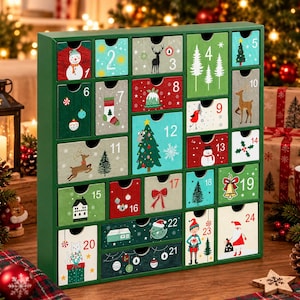 May include: A green wooden advent calendar with twenty-four numbered drawers, each featuring unique holiday illustrations including snowmen, reindeer, Christmas trees, Santa Claus, and festive ornaments in red, white, and green colors.