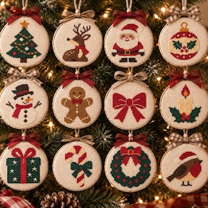 May include: A set of twelve circular cross-stitch ornaments featuring festive motifs including a Christmas tree, reindeer, Santa Claus, bauble, snowman, gingerbread man, bow, candle, gift, candy cane, wreath, and a robin, each with a fabric bow.