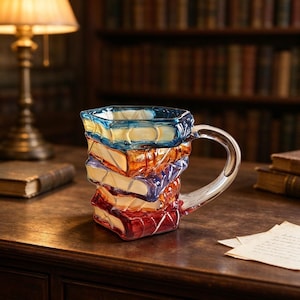Puede incluir: Una taza de cerámica con forma de pila de cuatro libros con lomos distintos en azul, naranja, morado y rojo. La taza presenta un acabado brillante y un asa curva, con cada capa de libro mostrando detalles de los bordes de las páginas.
