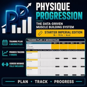 Fysisk progression nybörjarutgåva | Träningsplanerare och framstegsspårare | Excel-mall | Imperial version