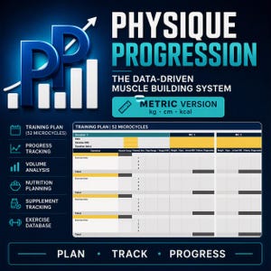 Op de afbeelding: Een digitaal trainingslogboek getiteld Physique Progression: The Data-Driven Muscle Building System. Het bevat een trainingsschema van 52 microcycli, voortgangsregistratie, volumeanalyse, voedingsplanning en supplement-tracking.