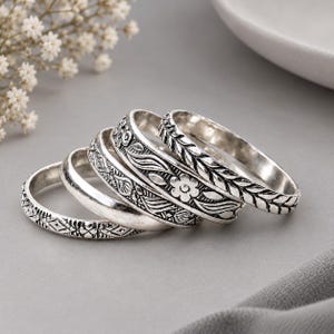 Set di anelli in argento sterling 925, 5 anelli impilabili, anelli in argento impilabili, set di anelli floreali boho, regalo per donna, gioielli in argento fatti a mano