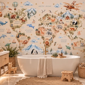 May include: A wall mural featuring a world map with illustrations of various animals, hot air balloons, and airplanes. The map includes labels for continents and oceans, with a soft color palette depicting mountains, forests, and marine life.