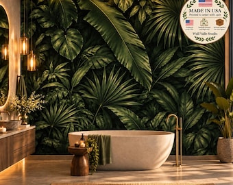 Behang met tropisch junglebladmotief in donkergroen