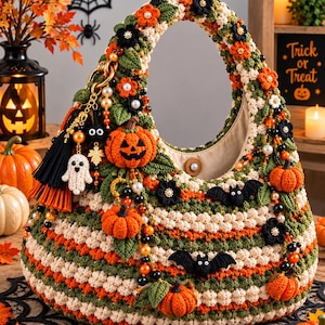 May include: A crochet handbag featuring horizontal stripes in orange, green, and cream. The bag is decorated with three-dimensional crocheted pumpkins, black bats, and flowers, accented with beaded strands, a ghost charm, and a black tassel.