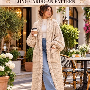 May include: A beige crochet textured long cardigan with a wide shawl collar, long balloon sleeves, and two large front patch pockets. The text CROCHET TEXTURED LONG CARDIGAN PATTERN is displayed at the top of the image in a decorative font.