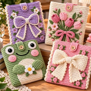 May include: Four rectangular crochet covers featuring button closures. One is purple with a large bow and white flowers, one is cream with pink tulips, one is green with a frog face and white flower, and one is pink with a large cream bow.