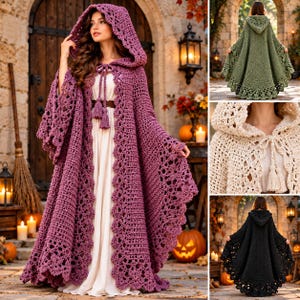 Crochet Hooded Cape Pattern PDF, Fantasy Cloak, Witch Cape, Gothic Medieval Costume, Long Hooded Shawl, Cosplay Crochet Pattern