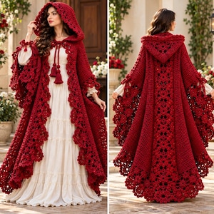May include: A deep red crochet hooded cloak featuring an intricate floral-patterned border and long tassel ties at the neck. The garment is worn over a long, cream-colored dress with a tiered skirt and long sleeves, showcasing a detailed knit texture.