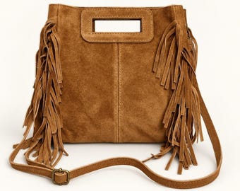 Suede Leather Fringe Boho Crossbody Handbag Handmade, Zip Closure, Adjustable Strap