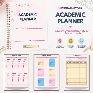 Könnte beinhalten: Ein spiralgebundener akademischer Planer mit hellrosa Einband, verziert mit Blumenmotiven, einem Schmetterling und dem Text ACADEMIC PLANNER. Enthält 12 druckbare Seiten mit Wochenplaner, Lesetracker und Stundenplan in bunten Kästchen.