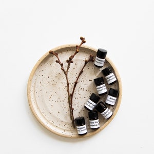 May include: A collection of small, dark glass bottles with white labels containing essential oils. The bottles are arranged on a speckled, beige ceramic plate with a small, brown twig branch.