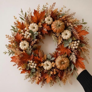Wreath For Front Door, Autumn Wreath, Rustic Pumpkin and Maple Leaf Door Decor, Fall Wall Hanging, Thanksgiving Home Decoration, Seasonal