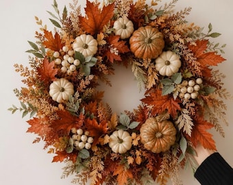 Wreath For Front Door, Autumn Wreath, Rustic Pumpkin and Maple Leaf Door Decor, Fall Wall Hanging, Thanksgiving Home Decoration, Seasonal