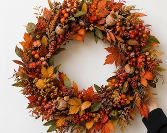 Autumn Harvest Wreath, Rustic Pumpkin and Berry Door Decor, Fall Wall Hanging, Thanksgiving Home Decoration, Seasonal Gift for Her
