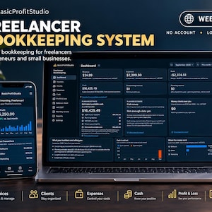 Op de afbeelding: Een digitaal boekhoudsysteem voor freelancers weergegeven op een laptop- en smartphonescherm. De donkere interface toont financiële dashboards met inkomsten, uitgaven, winst en transactiegrafieken onder de naam BasicProfitStudio.