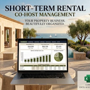 May include: A laptop displaying a short-term rental co-host management dashboard with financial data, charts, and tables. The screen shows text including Short-Term Rental Co-Host Management and Your Property Business. Beautifully Organized.