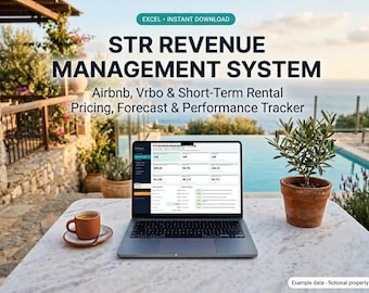 May include: A laptop displaying an STR Revenue Management System dashboard for Airbnb, Vrbo, and short-term rental tracking. The screen shows pricing, forecast, and performance data. A coffee cup and a small potted plant sit on the table.