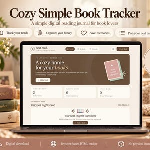 May include: A laptop screen displaying the Cozy Simple Book Tracker digital reading journal interface. The dashboard features sections for library organization, reading goals, and book tracking with brown and cream tones.