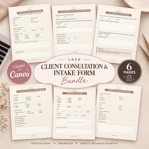 May include: A six-page lash client consultation and intake form bundle printed on cream paper with brown text. The forms include sections for client information, lash history, allergies, eye assessment, desired lash look, and service records.