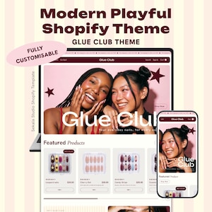 May include: A digital display of the Modern Playful Shopify Theme titled Glue Club, featuring a website layout on a laptop and smartphone screen. The interface shows a hero image of two smiling people, a featured products section, and text.