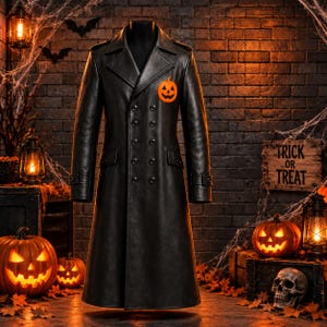 Könnte beinhalten: Ein schwarzer zweireihiger Trenchcoat mit fallendem Revers und einem leuchtend orangefarbenen Kürbis-Aufnäher auf der linken Brust. Der Mantel hat lange Ärmel mit Schnallenmanschetten, zwei Seitentaschen und einen strukturierten Kragen.