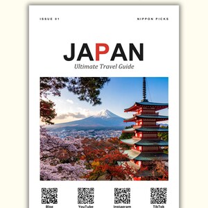 Peut inclure: Un guide de voyage édition 2026 intitulé Japan: Ultimate Travel Guide, illustré d'une photo du mont Fuji et d'une pagode rouge entourée de cerisiers en fleurs. La couverture affiche Nippon Picks, Issue 01 et quatre codes QR pour les réseaux.