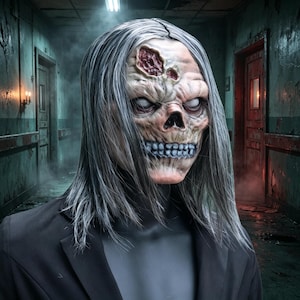 May include: A full-head mask featuring a pale, skeletal face with hollow white eyes, a prominent forehead wound, and exposed teeth. The mask has long, straight, gray hair and is worn over a black blazer, creating a realistic and detailed appearance.