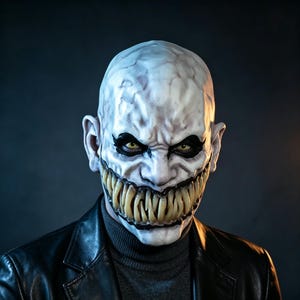 May include: A full-head mask featuring a pale, textured, skull-like face with deep-set yellow eyes, prominent black eye makeup, and a wide, gaping mouth filled with long, sharp, yellowish fangs, worn over a dark grey turtleneck and black jacket.