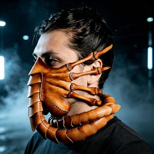 Op de afbeelding: Een bruin lederen gezichtsmasker met een meervoudig gesegmenteerd, organisch ontwerp dat rond de kaak en nek loopt. Het masker bevat gelaagde, schubachtige platen over de neus en mond, met langwerpige, vingerachtige uitsteeksels die naar achteren reiken.