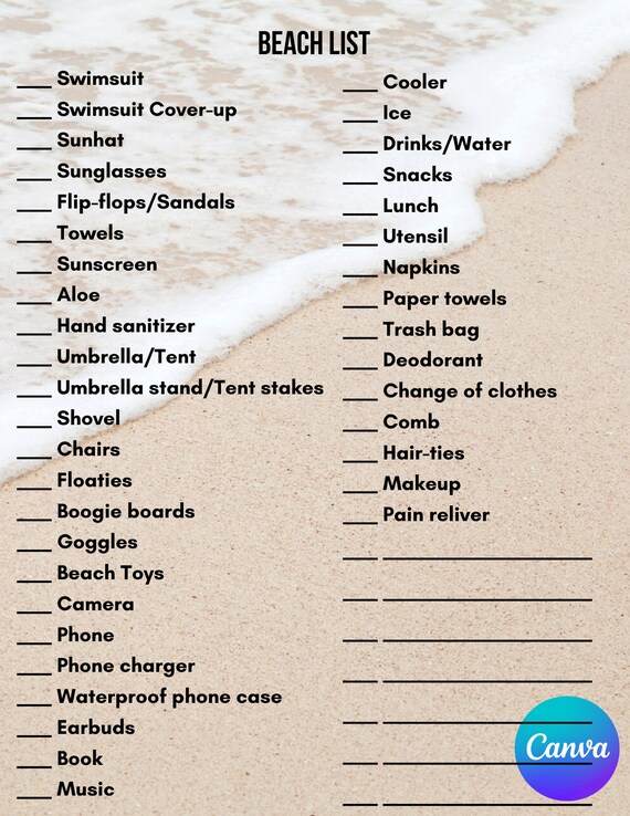 Beach Day Vacation Packing List Instant Printable Download | Etsy
