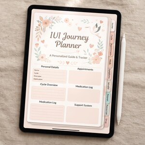 May include: A digital tablet displaying an IUI Journey Planner with a soft pink floral border and sections for personal details, appointments, cycle overview, and medication logs. A white stylus rests beside the tablet on a textured surface.