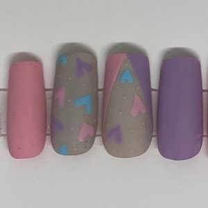Pastel Square Press on Nails, hearts, custom made.