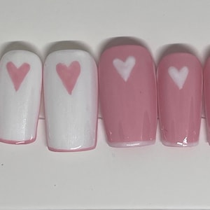 Pink and White Hearts Square Press on Nails,  custom made.