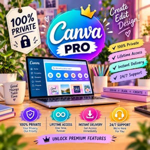 Acesso vitalício ao Canva Pro | Convite para equipes | Mais de 400 mil modelos | Conta de design premium | Entrega digital instantânea | Ferramentas de design com IA
