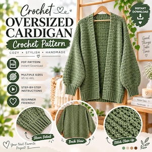 Könnte beinhalten: Eine übergroße olivgrüne Häkelanleitung für eine Strickjacke mit PDF-Sofort-Download, mehreren Größen von XS bis 4XL, Schritt-für-Schritt-Anleitungen und anfängerfreundlichem Design. Enthält Ärmeldetails, Rückansicht und eine Maschen-Nahaufnahme.